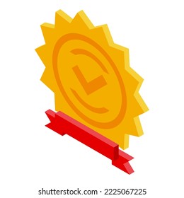 Icono de nivel de satisfacción del emblema dorado vector isométrico. Comentarios de los clientes. Medidor feliz