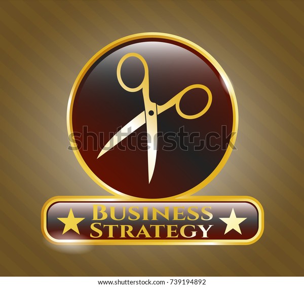  Gold emblem with scissors icon and Business\
Strategy text inside