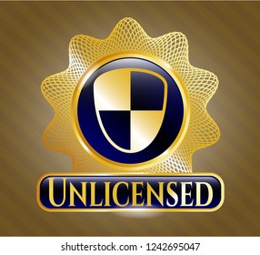  Gold emblem with shield, safety icon and Unlicensed text inside