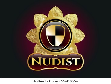  Gold emblem with shield, safety icon and Nudist text inside