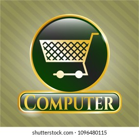   Gold emblem with shopping cart icon and Computer text inside
