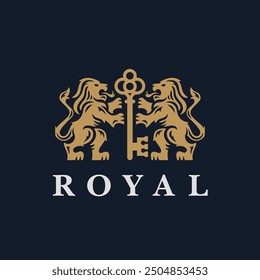 Gold emblem showcasing two lions holding a key, symbolizing royalty and elegance. Perfect for luxurious branding or heraldic designs in vector format.