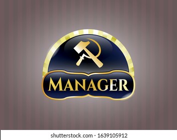  Gold emblem with sickle and hammer icon and Manager text inside