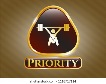  Gold emblem with snatch, weightlifting icon and Priority text inside