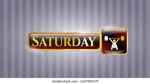  Gold emblem with snatch, weightlifting icon and Saturday text inside