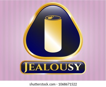    Gold emblem with soda can icon and Jealousy text inside
