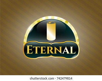  Gold emblem with soda can icon and Eternal text inside