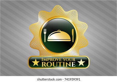  Gold emblem with special food icon and Improve your routine text inside
