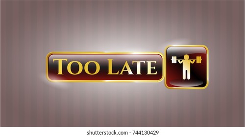  Gold emblem with squat icon and Too Late text inside