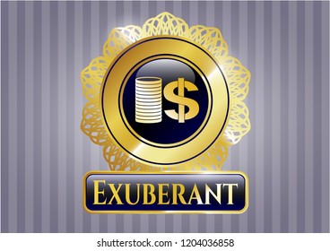  Gold emblem with stack of coins icon and Exuberant text inside