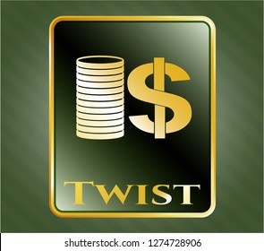  Gold emblem with stack of coins icon and Twist text inside