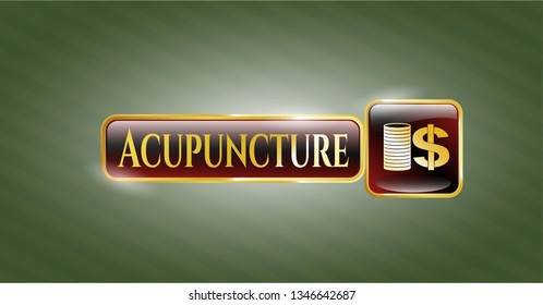 Gold emblem with stack of coins icon and Acupuncture text inside