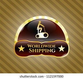  Gold emblem with stationary bike icon and Worldwide Shipping text inside