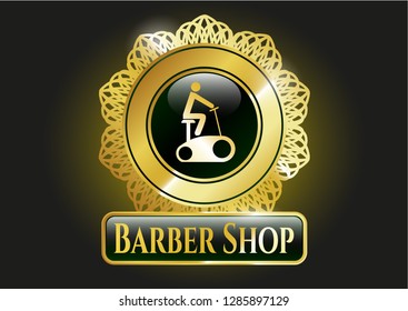  Gold emblem with stationary bike icon and Barber Shop text inside