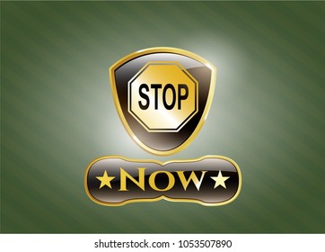  Gold emblem with stop icon and Now text inside