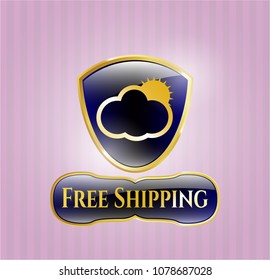   Gold emblem with sun behind cloud icon and Free Shipping text inside
