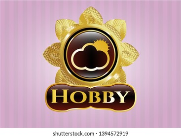  Gold emblem with sun behind cloud icon and Hobby text inside