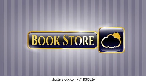  Gold emblem with sun behind cloud icon and Book Store text inside