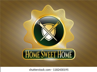  Gold emblem with swords crossed with shield icon and Home Sweet Home text inside