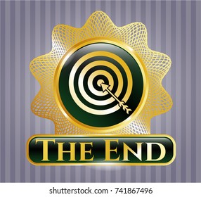  Gold emblem with target, business icon and The End text inside