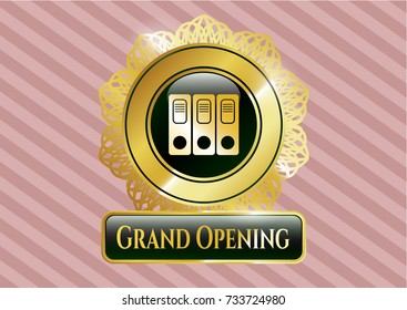  Gold emblem with three folders icon and Grand Opening text inside