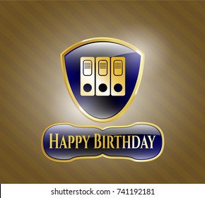  Gold emblem with three folders icon and Happy Birthday text inside