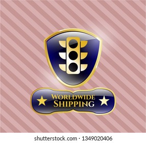  Gold emblem with traffic light icon and Worldwide Shipping text inside