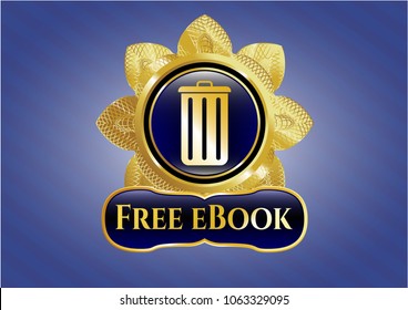  Gold emblem with trash can icon and Free eBook text inside