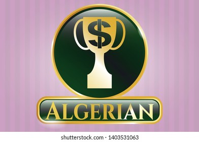  Gold emblem with trophy with money symbol inside icon and Algerian text inside