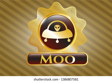  Gold emblem with ufo with aline inside icon and Moo text inside