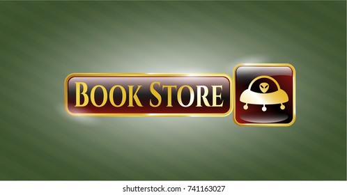  Gold emblem with ufo with aline inside icon and Book Store text inside