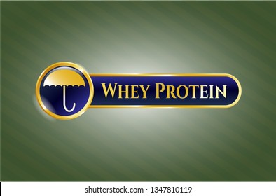  Gold emblem with umbrella icon and Whey Protein text inside