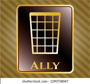  Gold emblem with wastepaper basket icon and Ally text inside