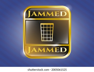 Gold emblem with wastepaper basket icon and Jammed text inside