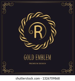 Gold Emblem of the Weaving Circle. Letter R. Monogram Graceful Template. Simple Logo Design for Luxury Crest, Royalty, Business Card, Boutique, Hotel, Heraldic. Calligraphic Vintage Border. Vector