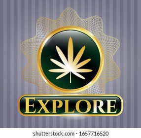 Símbolo dorado con icono de hoja de alga y explorar texto dentro