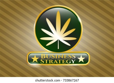  Gold emblem with weed leaf icon and Business Strategy text inside