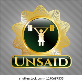  Gold emblem with weightlifter girl icon and Unsaid text inside