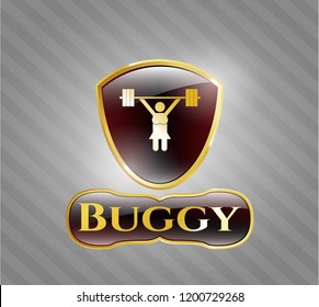  Gold emblem with weightlifter girl icon and Buggy text inside