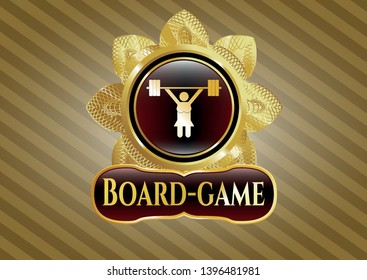  Gold emblem with weightlifter girl icon and Board-game text inside