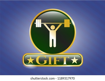  Gold emblem with weightlifting icon and Gift text inside