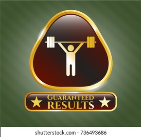  Gold emblem with weightlifting icon and Guaranteed results text inside