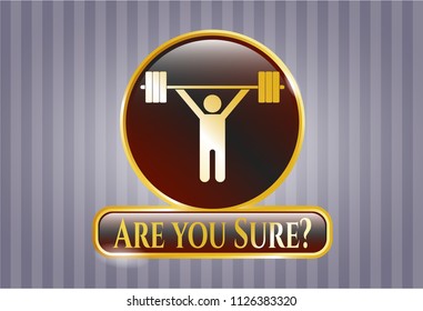  Gold emblem with weightlifting icon and Are you Sure? text inside