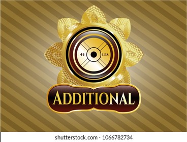  Gold emblem with weightlifting or powerlifting plate (45 lbs) icon and Additional text inside