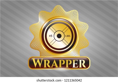  Gold emblem with weightlifting or powerlifting plate (45 lbs) icon and Wrapper text inside
