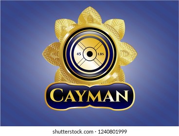  Gold emblem with weightlifting or powerlifting plate (45 lbs) icon and Cayman text inside