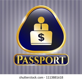  Gold emblem wi Shiny badge with man working on computer icon and Passport text insideth man working on computer icon and Passport text inside