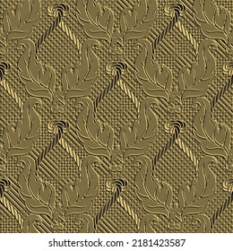 Gold emboss vintage floral 3d seamless pattern. Waffle textured vector background. Leafy repeat luxury waffles backdrop. Baroque style embossed floers, leaves ornament. Relief surface endless texture.