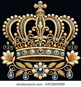 Gold embroidered surface jewelry 3d royal crown with jewellery ornate gemstones, baroque style patterns and vintage flowers on black background. Isolated vector embroidery gold crown illustration. 