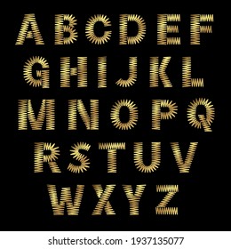 Gold embroidery alphabet, isolated on black background.